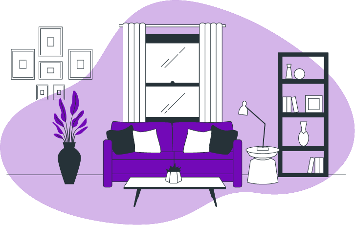 A drawn image of a living room in purple