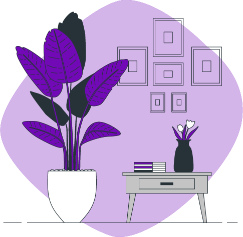 A drawn image of a table and plant in purple